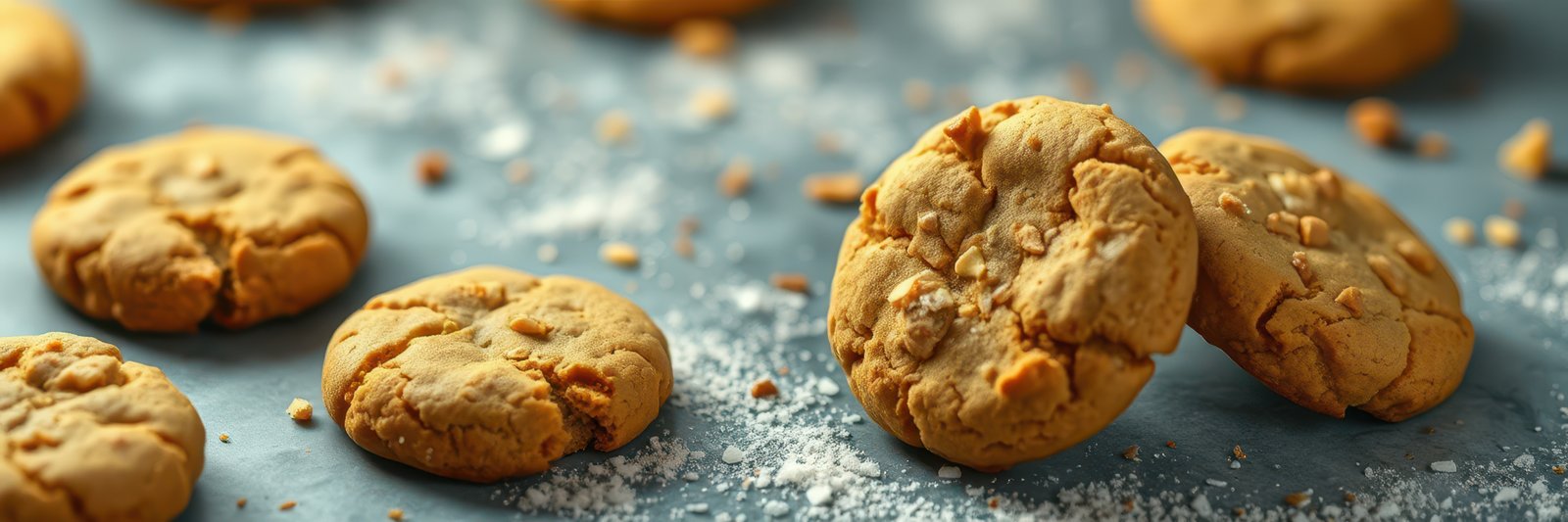 Freshly baked cookies with a golden crust on a blue surface sprinkled with sugar